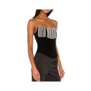 LPA Revolve Black Velvet Rhinestone Fringe‎ size M Zip Boned  Corset Crop Top